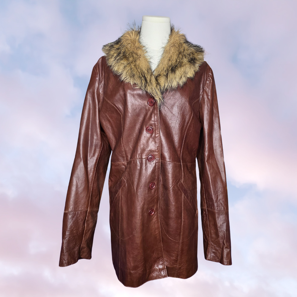 Vtg 90s Wilsons Leather Long Brown Faux Fur Collar Pennylane Trench Coat Sz L - Picture 2 of 9